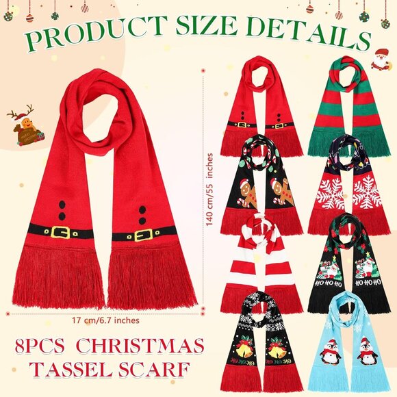 8 Pcs Knitted Winter Scarves Unisex Christmas Tassel Scarves for Men Women - Picture 2 of 7